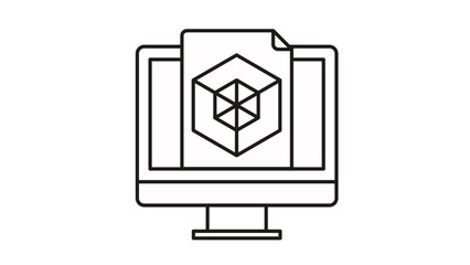 Minimalist black line art vector icon of a computer monitor with a document file displaying a 3D cube symbol, representing digital design, CAD software, 3D modeling, and file management systems. © Abu