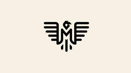 Obraz premium Minimalist stylized bird logo icon with wide wings and letter M shape. Modern black line art phoenix or eagle emblem on a beige background.
