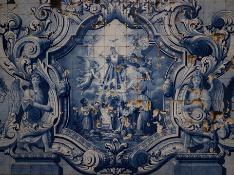 Traditional azulejo tiles with saints in Lamego, Portugal