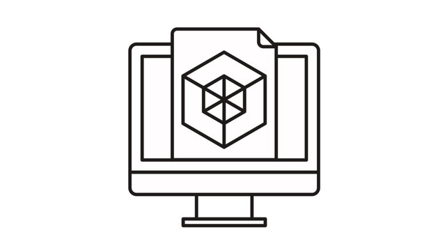 Minimalist black line art vector icon of a computer monitor with a document file displaying a 3D cube symbol, representing digital design, CAD software, 3D modeling, and file management systems.