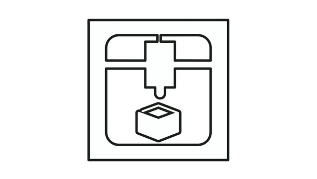 Minimalist black line vector icon of a 3D printer machine extruding a cube, representing additive manufacturing, rapid prototyping, industrial technology, and digital fabrication processes.