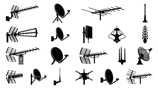 Black  White Vector Set of Various Antennas and Satellite Dishes for Technology