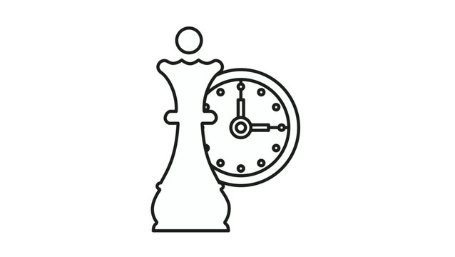 Strategic time management vector icon featuring a chess queen piece and a clock face, representing game planning, tactical thinking, competition deadlines, and efficient decision making.