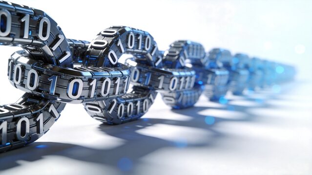 Binary code chain on blue background