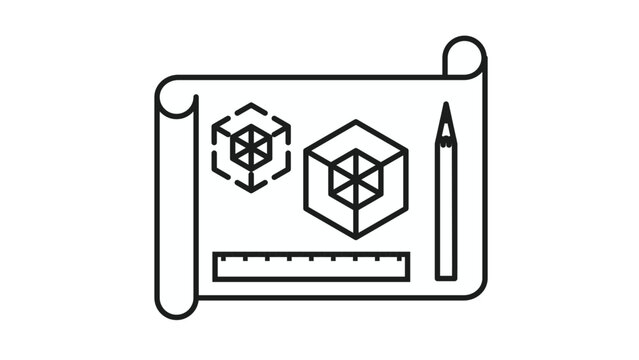 Black line art vector icon of a technical blueprint scroll with isometric 3D cube diagrams, a ruler, and a pencil, perfect for architectural design, engineering, and drafting project concepts.