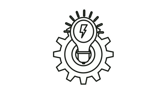 Black line art vector illustration of a light bulb with a lightning bolt symbol integrated with a mechanical gear, representing innovation, energy efficiency, engineering ideas, and smart technology.