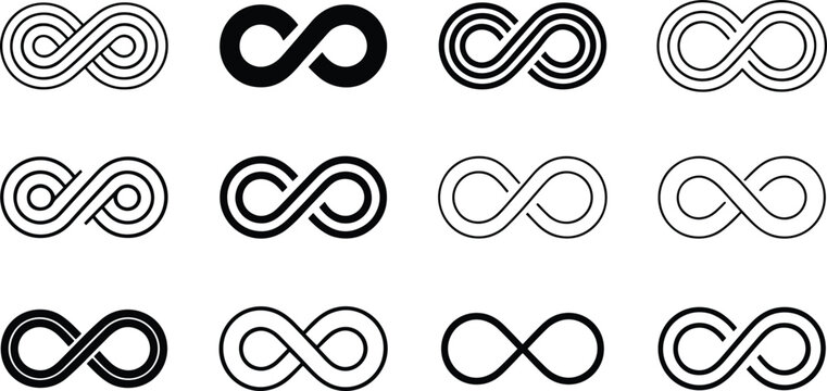 Set of nine seamless infinity loop symbols in black and white minimalist design for branding and logos