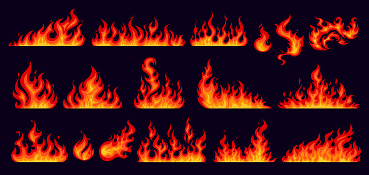 Cartoon fire flames. Vector set of burn effects. Bonfire, campfire, fireball or torch burning blaze. Glowing shining borders with long waving tongues. Decorative ignition stripes, spicy elements set