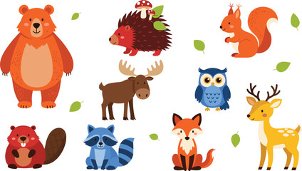 Naklejka premium Cute Whimsical Woodland Animal Vector Set Featuring Bear Hedgehog with Mushrooms Squirrel Moose Owl Deer Beaver Raccoon and Fox for Nursery and Autumn Graphic Designs