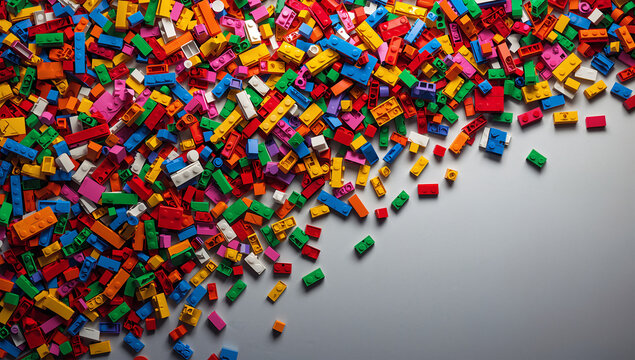 創造性の広告背景になる床一面のビビッドなレゴブロックの硬質カオス