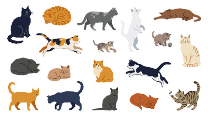 Obraz premium Diverse collection of playful and resting cats in various colors and poses, illustrating feline companionship and domestic pets in a charming artistic style.
