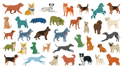 Fototapeta premium Diverse collection of dog breeds in a playful and colorful flat illustration style, showcasing various breeds and poses