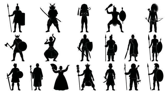 Black  White Silhouette Icons of Diverse Historical Warriors and Figures