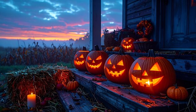 Carved jack-o-lantern pumpkins glowing on porch step