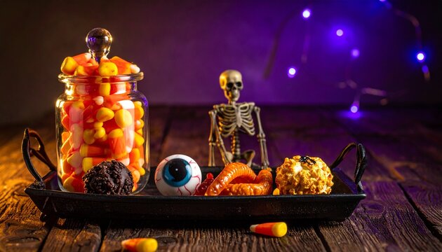 Halloween candy spread with candy corn and chocolate truffle