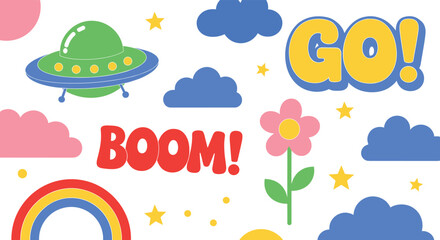 Colorful cartoon sticker set with UFO rainbow clouds flowers stars and comic boom go elements playful kids style © MdJillur
