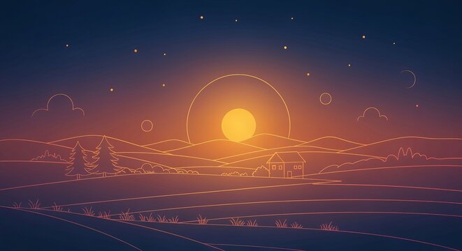 Minimalistic 3D Illustration of an Orange Sunset over Dark Hills with a House and Starry Sky