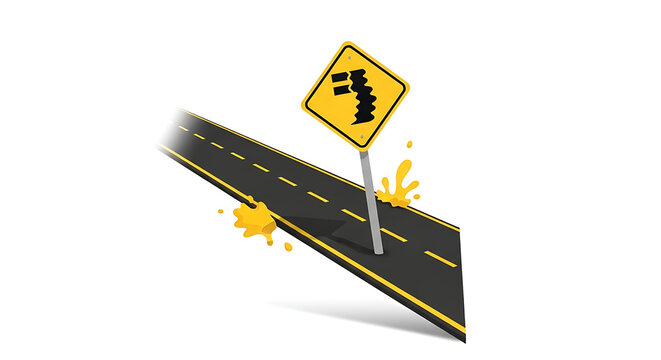Pixelated road sign showing a sharp left turn with yellow splash elements and a perspective road, caution warning concept