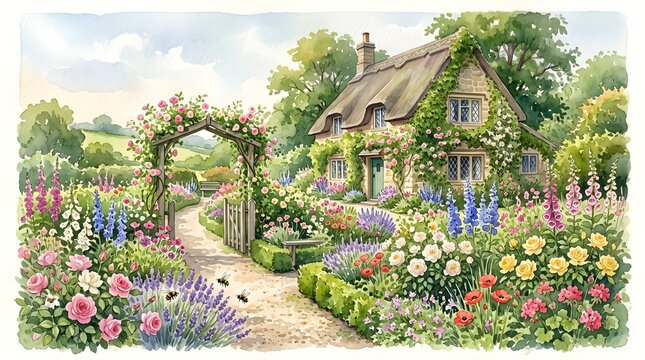 Watercolor Painting of an English Cottage Garden in Summer with Thatched Roof and Arbour