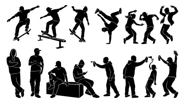 Black  White Silhouettes of Urban Youth Culture: Skateboarding, Dancing, Graffiti Art