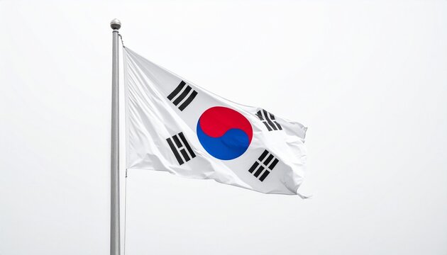 "South Korean flag on silver pole, Taegeuk and trigrams shining against bright blue sky"