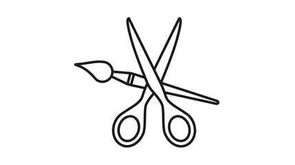 Black and white vector icon illustration of a pair of scissors and a paintbrush crossed, representing art, craft, design, creativity, and DIY projects in a minimalist line art style. © MostMoriom