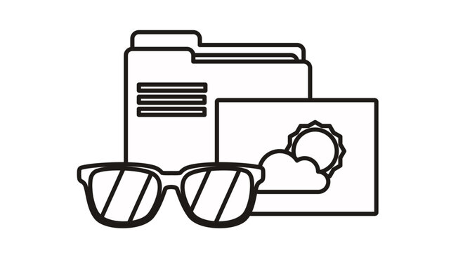 Black line art vector illustration featuring a file folder, a photograph of a sun and cloud, and a pair of sunglasses, representing travel planning, vacation memories, or summer holiday organization.