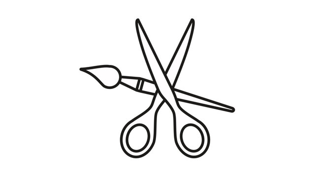 Black and white vector icon illustration of a pair of scissors and a paintbrush crossed, representing art, craft, design, creativity, and DIY projects in a minimalist line art style.
