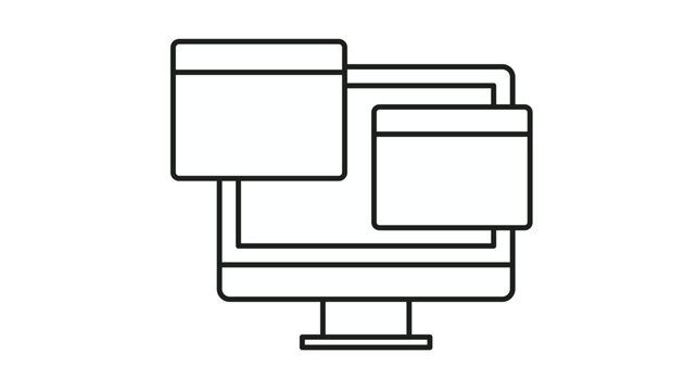 Minimalist black line art vector icon illustration of a computer monitor with overlapping browser windows or code editor tabs, symbolizing web development, software programming, and UI design.