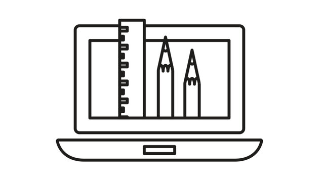 Minimalist black line art vector icon of a laptop computer with a ruler and pencils on the screen, symbolizing digital graphic design, architecture, creative software, and online education.