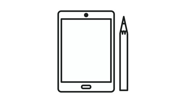 Minimalist black line art vector icon of a digital tablet with a stylus or pencil, representing digital art, graphic design, mobile technology, and creative drawing on a white background.