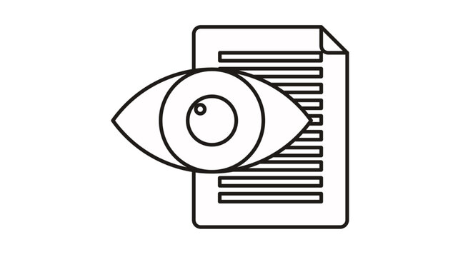 Black line vector icon of a human eye superimposed over a document page, representing file preview, data monitoring, document review, information privacy, surveillance, and auditing concepts.