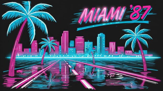 Hand-drawn style. Explore retro Miami in the vibrant style of 1987 with neon lights and palm trees