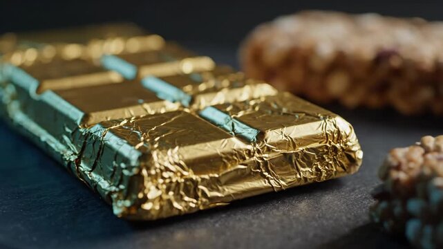 Chocolate bar in golden wrapper and cereal bars