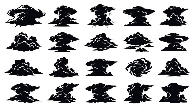 Black Silhouette Mushroom Clouds, Explosions, Nuclear Bomb, Vector Art