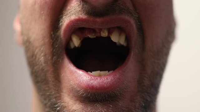 Close-Up of Male Mouth with Missing and Decayed Teeth, Health and Dental Issues