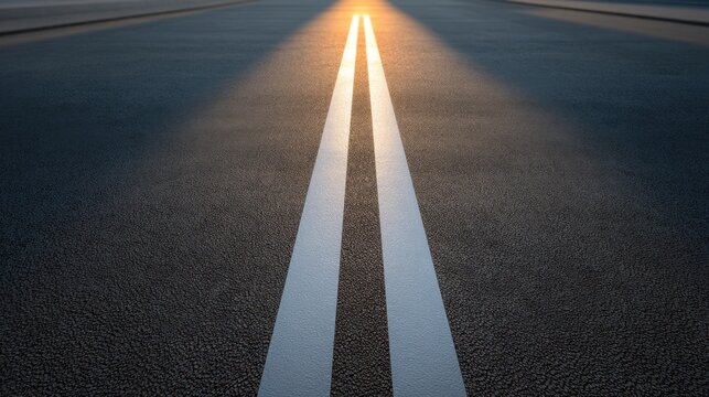 Empty asphalt road leading to bright horizon at sunrise, showcasing textured pavement and parallel white lines, inviting a sense of adventure and freedom