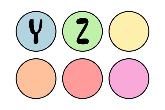 A colorful illustration of six circles with letters and solid colors on a white background