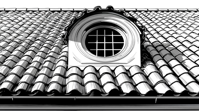 High-contrast illustration of a tiled roof with a round window at an acute angle