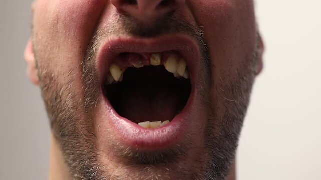 Man reveal missing and broken teeth, close-up face. Poor oral hygiene concept