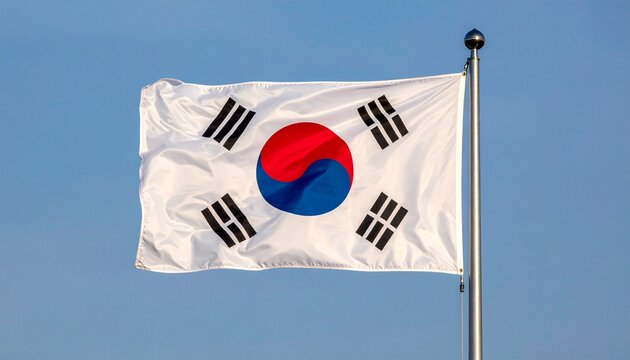 "South Korean flag waving proudly, harmony of yin-yang and trigrams under clear sky"