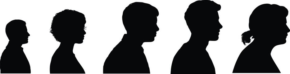 Human head profile silhouettes showing age progression from child to adult, illustrating growth, aging, identity, and lifecycle development concept © MD MIJANUR