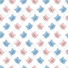 Cute Pink Blue Pastel Bear Head Cartoon Pattern. Perfect for animal-themed designs, fabric prints, wallpapers, gift wraps, and digital backgrounds. © F-lin