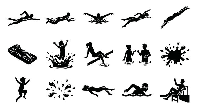 Swimming Pool and Water Activities Black Glyphs Silhouettes Vector Icons Set