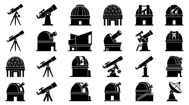 Astronomy and Observatory Telescopes Black  White Glyph Icons Set