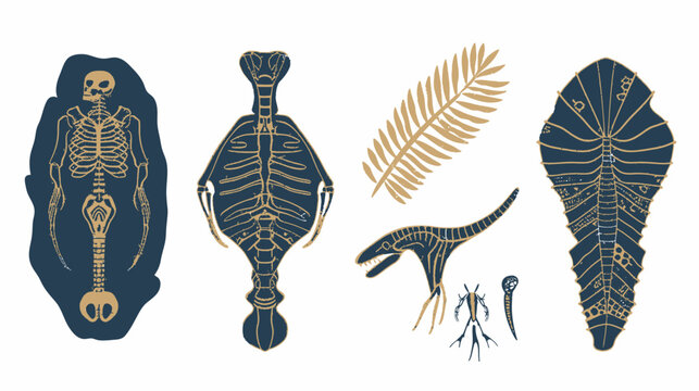 Stylized illustrations feature fossilized skeletons of various creatures and plants against white backdrop