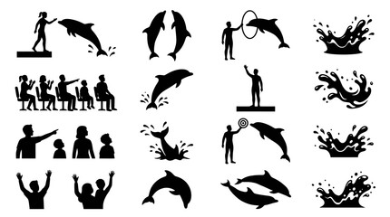 Fototapeta premium Dolphin Show Icons: Trainer, Audience, Jumping, Water Splash - Vector Art