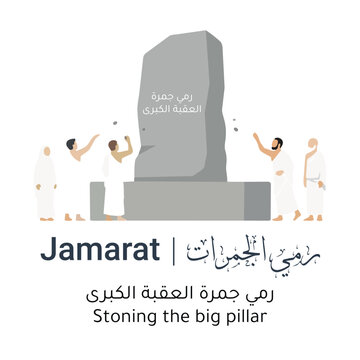 Stoning of the Devil Illustration, Jamarat Ritual in Hajj, Muslims Throwing Stones, Islamic Pilgrimage Vector