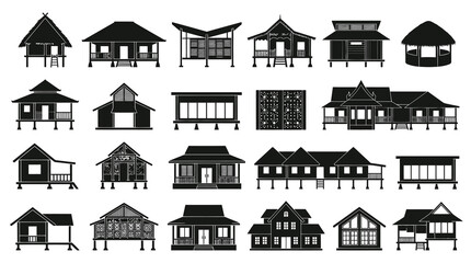 Fototapeta premium Architecture Traditional Houses Silhouette Icons Set. Tropical Stilt Homes Glyphs Collection.