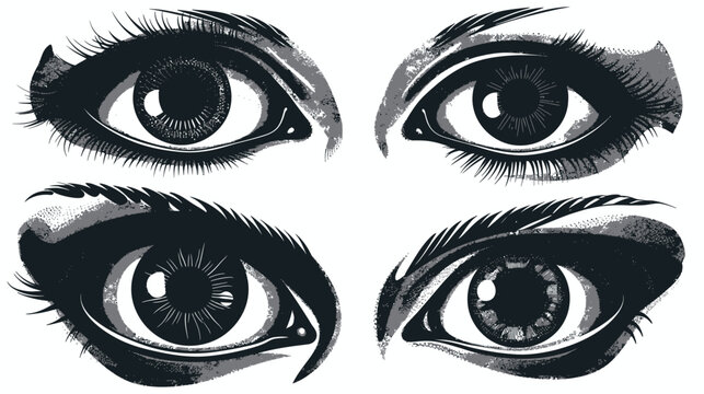 Stylized illustration featuring four pairs of eyes in black, gray, and white, with intricate details